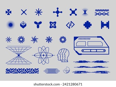 Futuristic abstract asset collection acid shape vector icon y2k Bundle HUD interface game technology separated editable