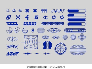 Futuristic abstract asset collection acid shape vector icon y2k Bundle HUD interface game technology separated editable