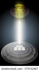 Futuristic abstract background with binary code and circular object with the words computing, informatics