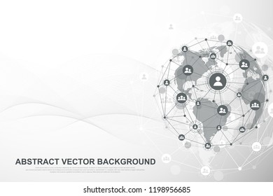 Futuristic abstract background blockchain technology. Global internet network connection. Peer to peer network business concept. Global cryptocurrency blockchain vector banner. Wave flow.
