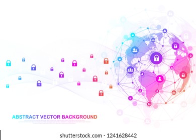 Futuristic abstract background blockchain technology. Global internet network connection. Peer to peer network business concept. Global cryptocurrency blockchain vector banner. Wave flow.