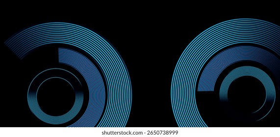 Futuristic abstract background with blue circular line elements on black. Hi-tech, digital design for modern tech, sci-fi, or cyber-themed visuals. Clean and minimal layout. Perfect for modern. 