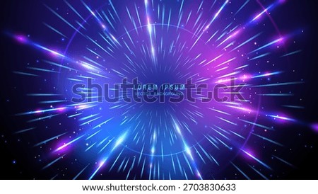 Futuristic abstract background with bright streaks in electric blue, cyan, and violet, accented by sparkling particles and glowing light beams. Vector illustration