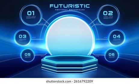 Futuristic abstract background with circle glowing blue elements, infographic layout, and modern technology design.