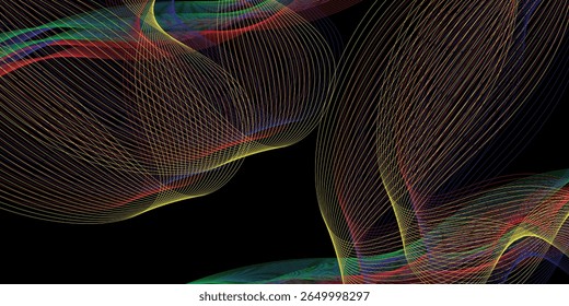 Fondo abstracto futurista con líneas de onda fluidas coloridas en negro.