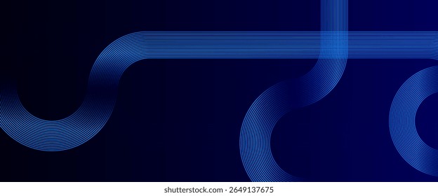 Fundo abstrato futurista com linhas de gradiente azul curvas formando caminhos suaves sobre um fundo azul-marinho escuro. Design digital moderno em estilo tecnológico com linhas de fluxo brilhantes. Conceito de tecnologia futurista.