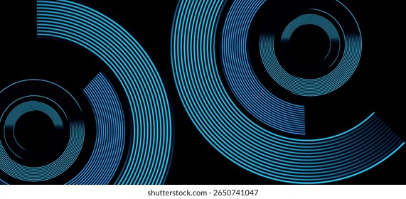 Futuristic abstract background with curved blue concentric lines on black. Tech-style circular shapes ideal for digital, innovation, sci-fi, or cyber design themes. Perfect for modern. Vector EPS10.
