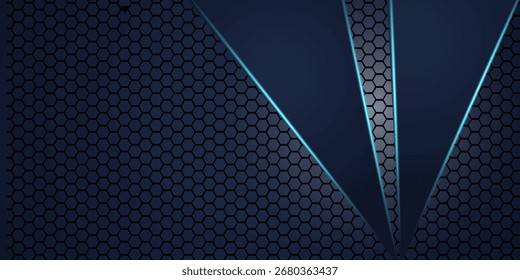 Futuristischer abstrakter Hintergrund mit dunkelblauer Wabenstruktur und schlanken Panels in Blau und Grau, akzentuiert von neonblauen Linien für eine moderne Tech- oder Gaming-Stimmung.
