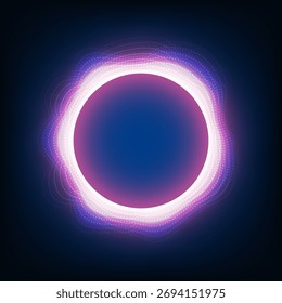 Futuristisches abstraktes Hintergrunddesign mit einem leuchtenden Neonring mit digitalen Lichtwellen, symbolisiert Technologie, Kommunikation, Internetverbindung und modernes Energiekonzept in blauen Tönen.