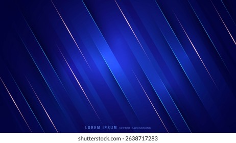 Futuristic abstract background features deep blue gradient with diagonal glowing lines and layered geometric stripes. Vector illustration
