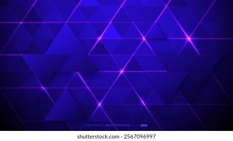 Futuristic abstract background featuring geometric pattern of interlocking dark blue triangles with glowing purple neon lines. Vector illustration