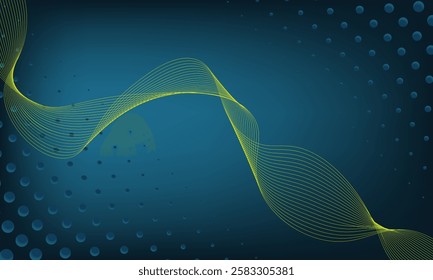 Futuristic abstract background featuring glowing neon yellow wave lines on a dark blue gradient with subtle dot patterns. Perfect for technology, digital art, and modern design concepts.