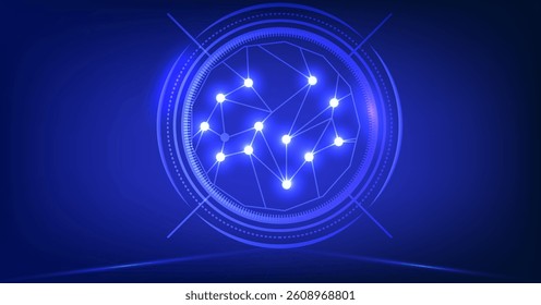 A futuristic abstract background featuring glowing digital network design with interconnected nodes and lines, set against deep blue gradient. image conveys sensefuture digital technology background