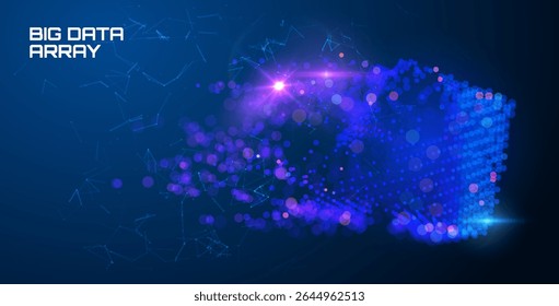 Fundo abstrato futurista apresentando partículas 3D brilhantes formando cubo em um espaço digital azul. Ideal para conceitos de tecnologia, IA e ciência de dados. Perfeito para aplicativos e apresentações corporativas.