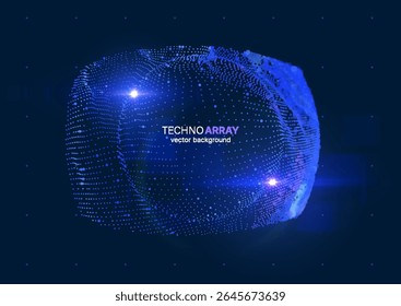 Fundo abstrato futurista com partículas 3D brilhantes formando superfície curva em um espaço digital azul. No caso da tecnologia, conceitos de IA para a ciência de dados. Perfeito para aplicativos e apresentações corporativas