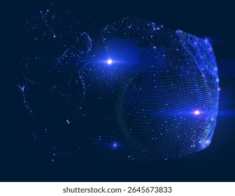 Fundo abstrato futurista com partículas 3D brilhantes formando superfície curva em um espaço digital azul. No caso da tecnologia, conceitos de IA para a ciência de dados. Perfeito para aplicativos e apresentações corporativas