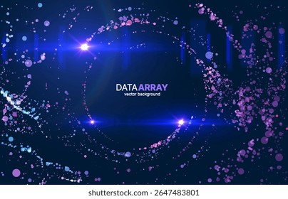 Futuristic abstract background featuring glowing 3D particles forming spiral trail  in a blue digital space with copy space for your text in center. For technology, AI data science concepts.