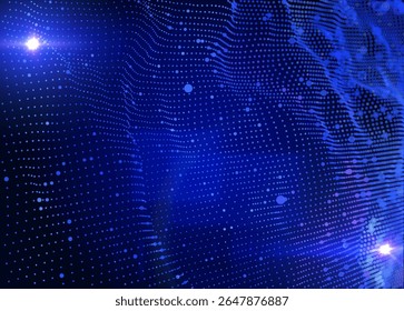Fundo abstrato futurista com partículas 3D brilhantes formando superfície curva em um espaço digital azul. No caso da tecnologia, conceitos de IA para a ciência de dados. Perfeito para aplicativos e apresentações corporativas