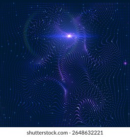 Futuristic abstract background featuring glowing 3D particles forming curved surface on a blue digital space. For technology, AI data science concepts. Perfect for web banners
