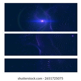 Futuristic abstract background featuring glowing 3D particles forming curved surface on a blue digital space. For technology, AI data science concepts. Perfect for web banners