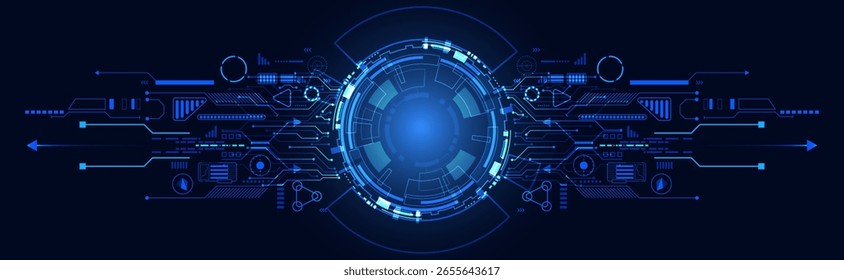 Futuristic abstract background featuring a glowing circular element surrounded by intricate digital patterns in vibrant blue tones.