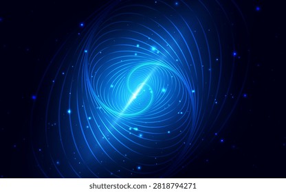 Futuristic abstract background featuring glowing blue spiral vortex made of lines light particles in deep space. Vector illustration