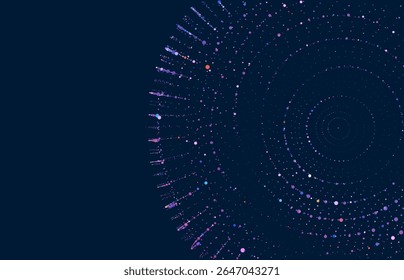 Fundo abstrato futurista com partículas formando padrões circulares em um fundo escuro com espaço de cópia para texto. No caso da tecnologia, conceitos de IA para a ciência de dados. Perfeito para apresentações corporativas