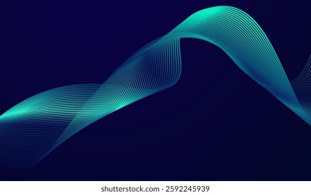 A futuristic abstract background featuring smooth, flowing wave-like lines in shades of blue and green. Abstract glowing wave lines on dark blue background