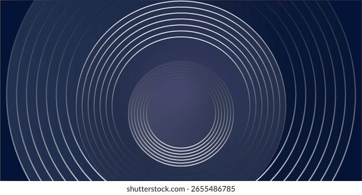 Fundo abstrato futurista com círculos concêntricos simétricos irradiando de um centro brilhante. O fundo azul escuro gradiente e as linhas brancas suaves dão um visual sci-fi ou inspirado em tecnologia