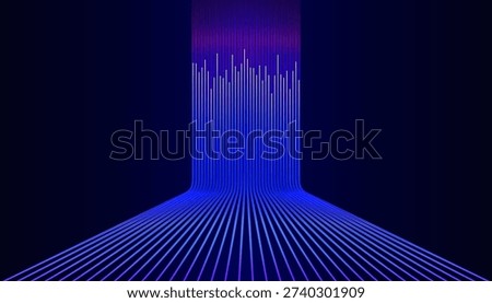 Futuristic abstract background featuring a vertical stream of glowing blue and purple lines cascading down like a digital waterfall, transitioning into a horizontal perspective. 