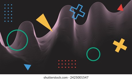 Futuristic abstract background with geometric shapes, wavy lines, brutalism forms. Modern graphic design. Colorful figures on black backdrop