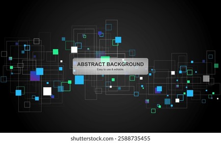 Futuristic abstract background with geometric squares on a dark theme. Ideal for tech, digital, and modern designs. Fully editable and easy to use for banners, presentations, websites. EPS 10 format.