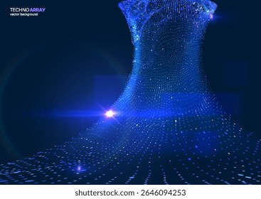 Fundo abstrato futurista com partículas 3D brilhantes ordenando e formando funil gigante em um espaço digital azul. Para a tecnologia, conceito de ciência de dados de IA. Perfeito para aplicativos e apresentações corporativas