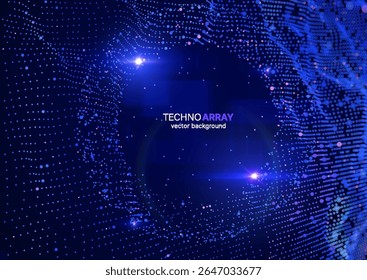 Fundo abstrato futurista com partículas 3D brilhantes ordenando e formando superfície gigante em um fundo azul com espaço de cópia para o seu texto. Para a tecnologia, conceito de ciência de dados de IA. Plano de fundo do vetor