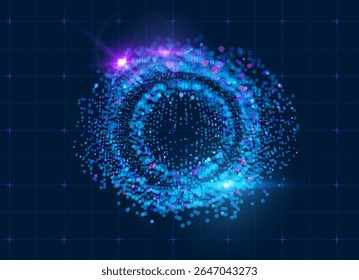 Futuristic abstract background with glowing 3D particles sorting and forming giant sphere on a blue backdrop with copy space for your text. For technology, AI data science concept. Vector background