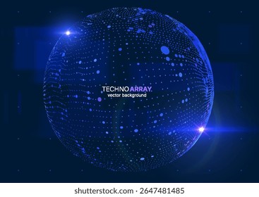 Fundo abstrato futurista com partículas 3D brilhantes ordenando e formando esfera gigante em um fundo azul com espaço de cópia para o seu texto. Para a tecnologia, conceito de ciência de dados de IA. Plano de fundo do vetor