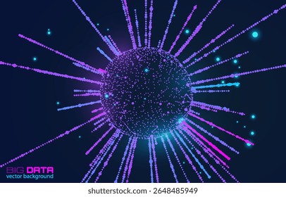 Futuristic abstract background with glowing 3D particles sorting and forming giant sphere on a blue backdrop with copy space for your text. For technology, AI data science concept. Vector background
