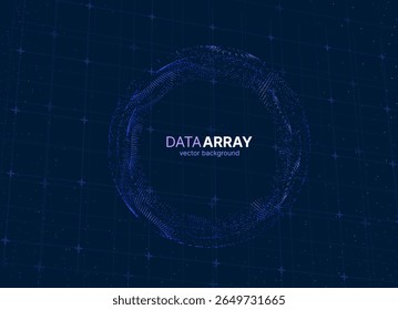 Futuristic abstract background with glowing 3D particles sorting and forming giant sphere on a blue backdrop with copy space for your text. For technology, AI data science concept. Vector background