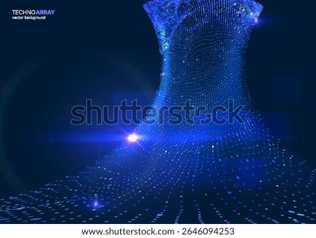 Futuristic abstract background with glowing 3D particles sorting and forming giant funnel on a blue digital space. For technology, AI data science concept. Perfect for apps and corporate presentations