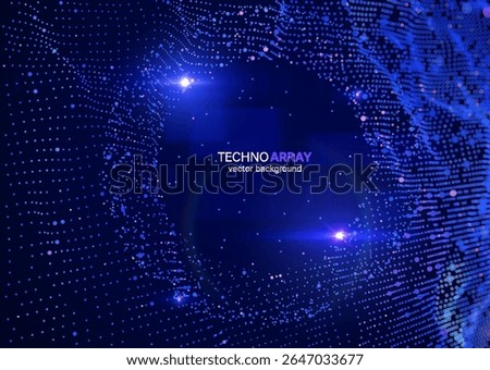 Futuristic abstract background with glowing 3D particles sorting and forming giant surface on a blue backdrop with copy space for your text. For technology, AI data science concept. Vector background