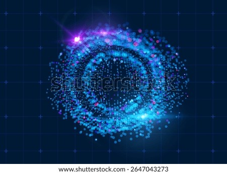 Futuristic abstract background with glowing 3D particles sorting and forming giant sphere on a blue backdrop with copy space for your text. For technology, AI data science concept. Vector background