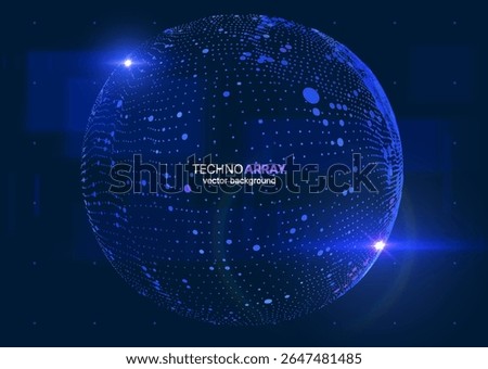 Futuristic abstract background with glowing 3D particles sorting and forming giant sphere on a blue backdrop with copy space for your text. For technology, AI data science concept. Vector background
