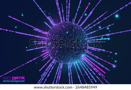 Futuristic abstract background with glowing 3D particles sorting and forming giant sphere on a blue backdrop with copy space for your text. For technology, AI data science concept. Vector background
