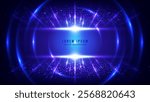 Futuristic abstract background with glowing blue and purple stripes, light blue curves, and sparkling particles. Vector illustration
