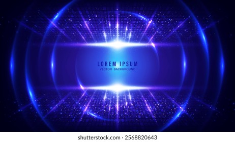 Futuristic abstract background with glowing blue and purple stripes, light blue curves, and sparkling particles. Vector illustration