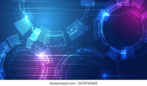 Futuristic abstract background with glowing blue and pink circular interfaces, digital HUD elements, and light effects on a dark surface, symbolizing technology, data, and innovation.