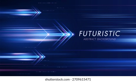 Futuristischer abstrakter Hintergrund mit leuchtend blauen Lichtpfeilen und Geschwindigkeitslinien. Schnelles Datenübertragungskonzept.