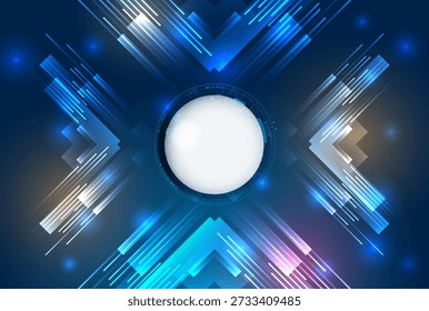 Futuristic abstract background with glowing central sphere and dynamic X-shaped light lines on dark blue gradient, representing digital energy, data flow, innovation and high-tech design.