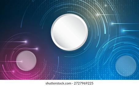 Fundo abstrato futurista com círculos brilhantes, linhas fluindo e trilhas de luz em tons azuis e roxos, perfeito para tecnologia, interface digital, inovação e conceitos de ficção científica.