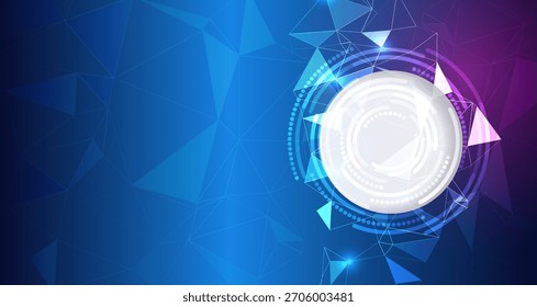 Futuristic abstract background with glowing geometric shapes, circular digital interface, and vibrant blue-purple gradient, creating a high-tech, modern visual atmosphere.